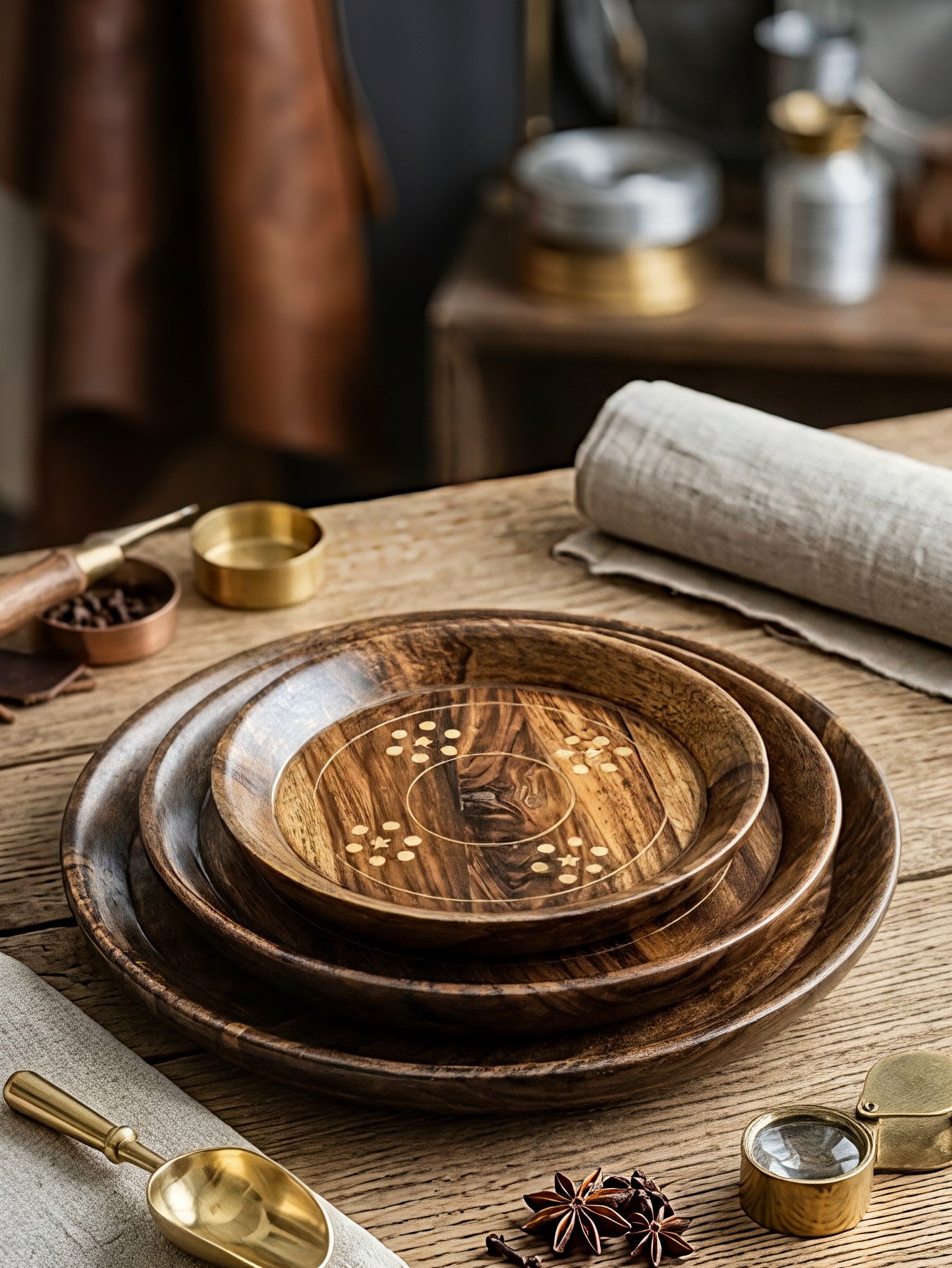 Handcrafted Sheesham Wood Tray Set with Brass Star Inlay