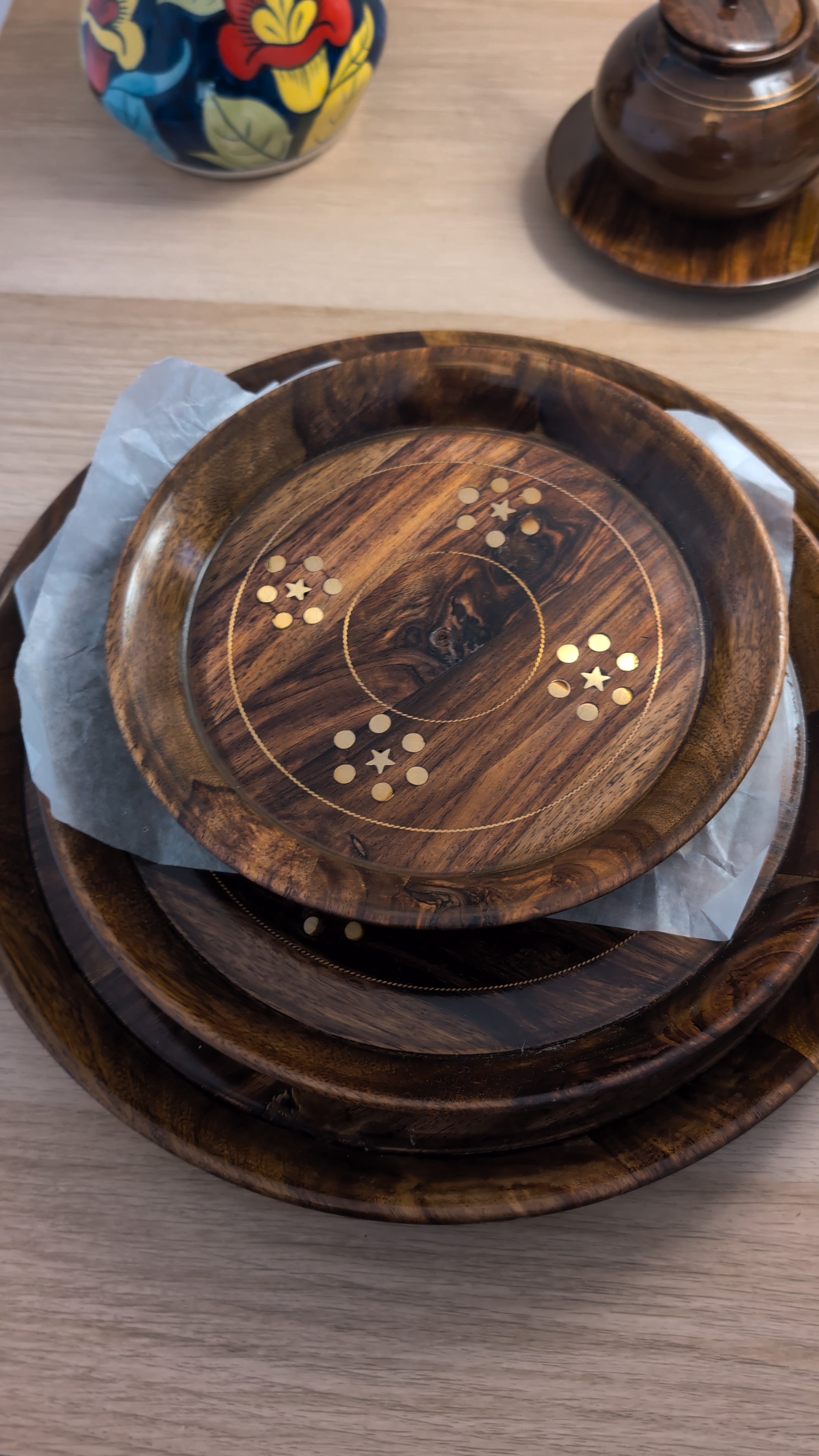 Handcrafted Sheesham Wood Tray Set with Brass Star Inlay